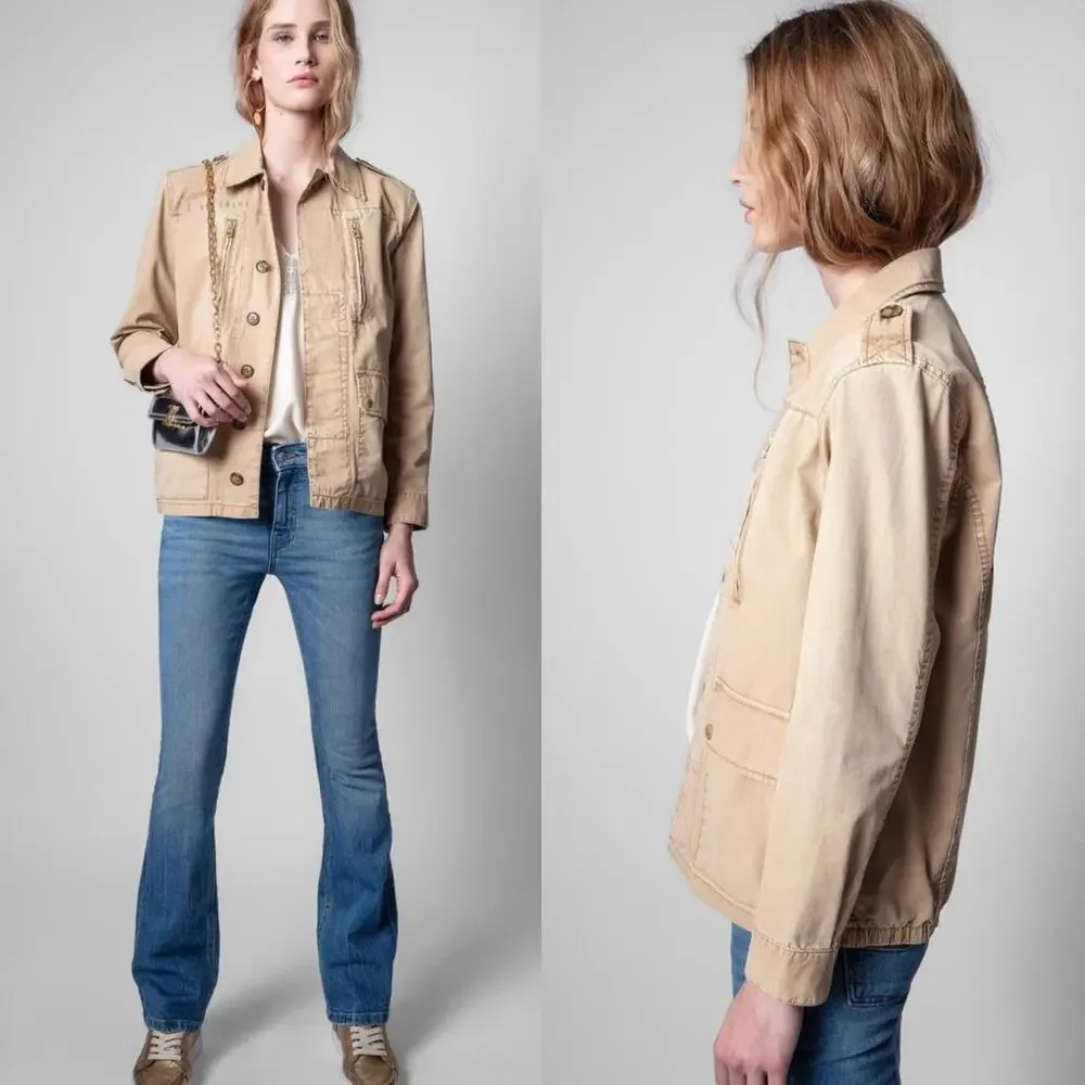 Zadig & Voltaire Kid Good Vibes Stretch Khaki Tan Cotton Utility Jacket Small - Picture 2 of 11